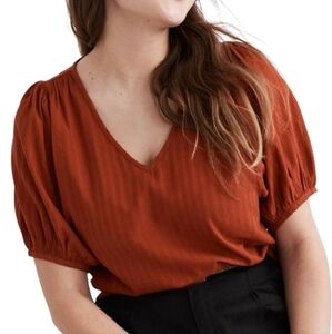 Madewell Puff Sleeve Top Textured Stripe Rust Orange Medium Cotton Modal Blouse